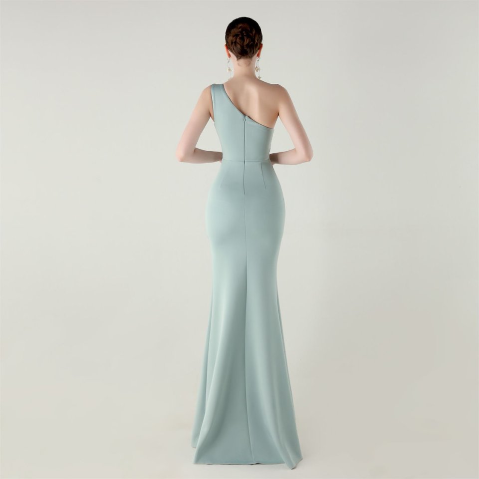 One Side Shoulder Pleated Evening Gown (Lake) (Made To Order)