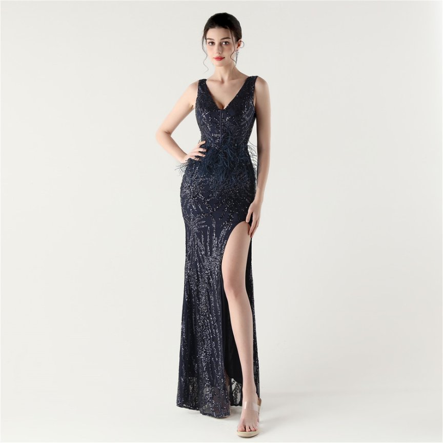 Glamour Sequin Feather Waist Evening Gown (Navy Blue) (Made To Order)