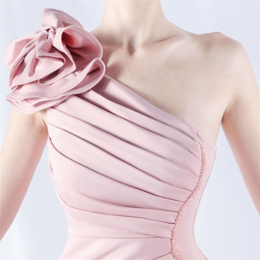 Gorgeous One Side Shoulder Evening Gown (Light Pink) (Made To Order)