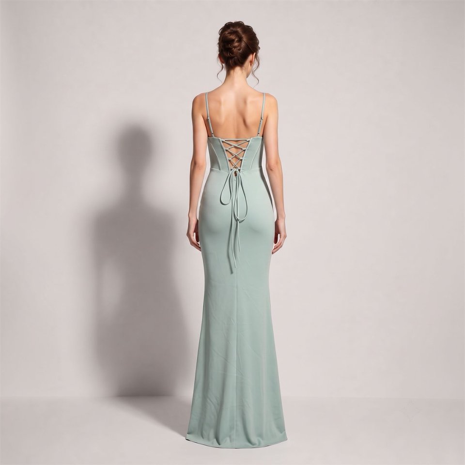 Spaghetti Ruched Corset Slit Evening Gown (Lake) (Made To Order)