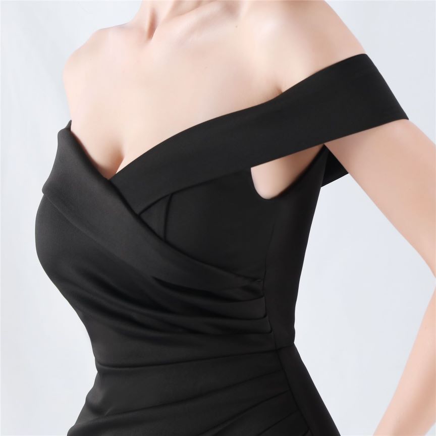 Pleated Off Shoulder Slim Evening Dress (Black) (Made To Order)