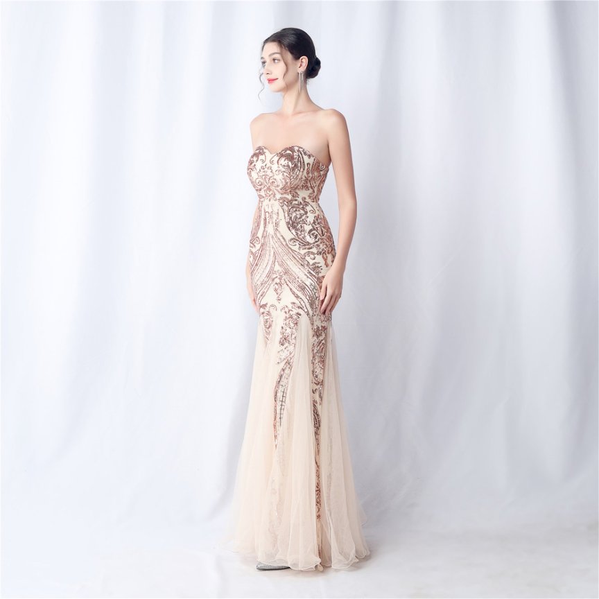 Strapless Sequins Frills Evening Gown (Rose Gold) (Made To Order)