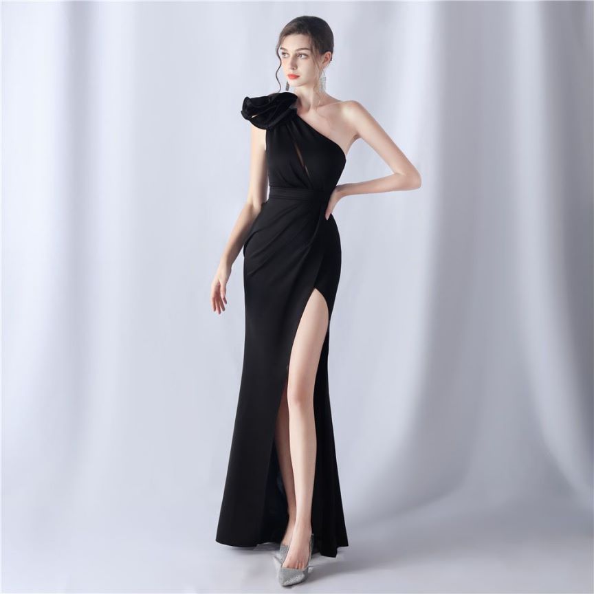 Glamorous One Side Shoulder with Overlap Slit Evening Dress (Black) (Made To Order)