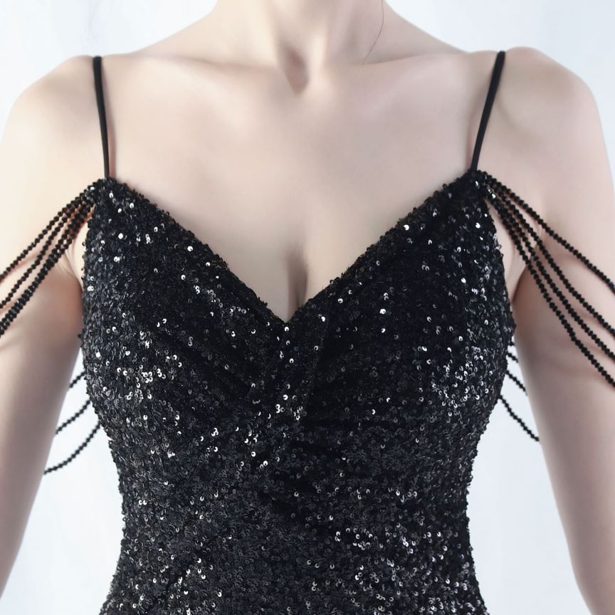 Spaghetti Padded Sequins Slit Gown (Black) (Made To Order)