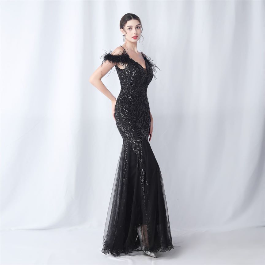 Cold Shoulder Feather Sequins Evening Gown (Black) (Made To Order)