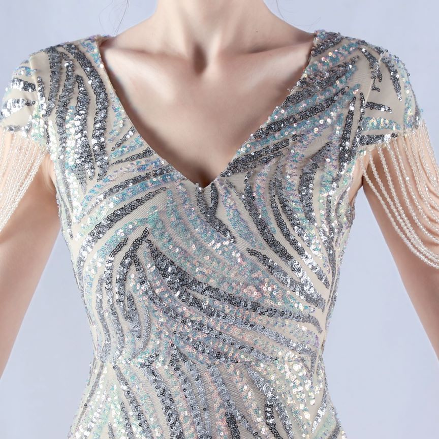 Sleeve Beads Sequins with A Line Evening Gown (Silver) (Made To Order)