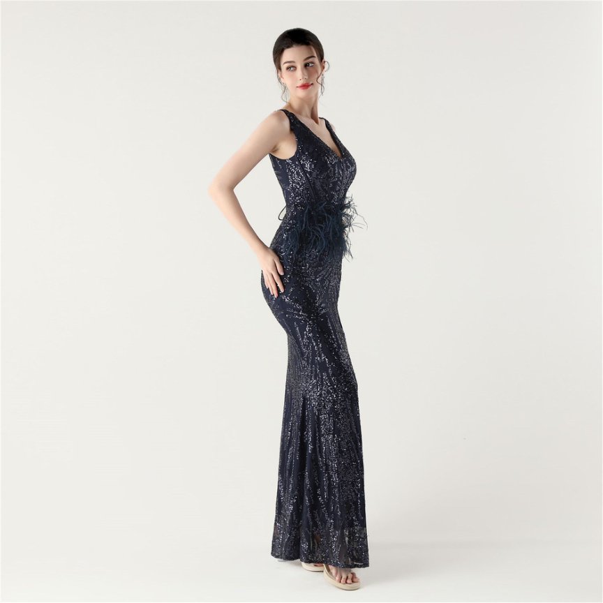 Glamour Sequin Feather Waist Evening Gown (Navy Blue) (Made To Order)