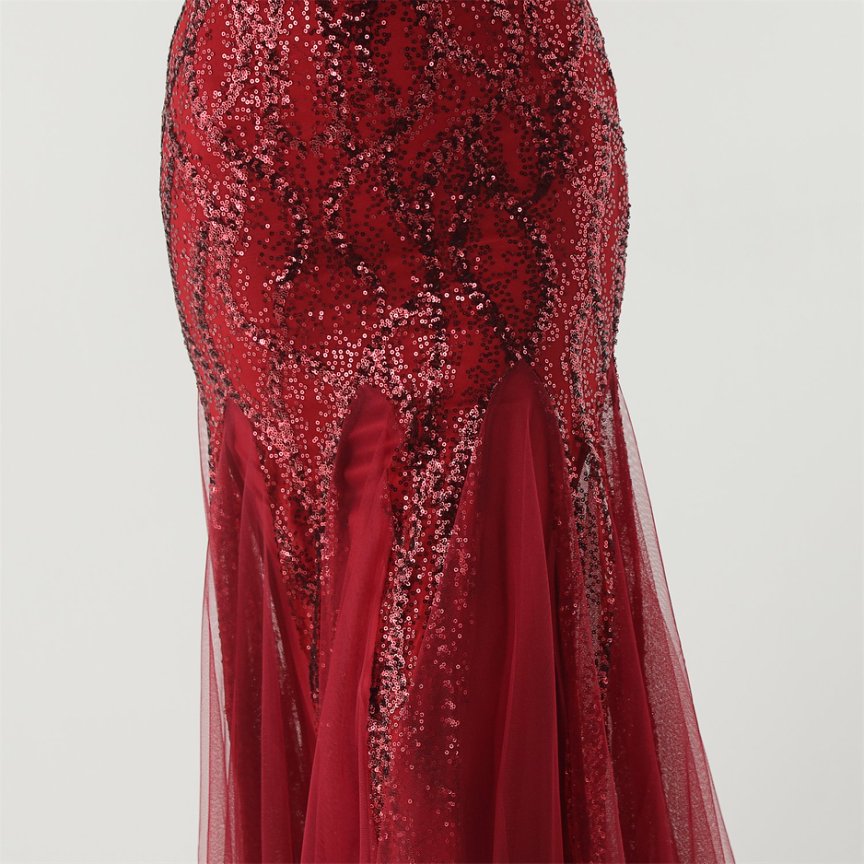 Fashion Crystal Beads with Splits Tail Evening Gown (Red) (Made To Order)
