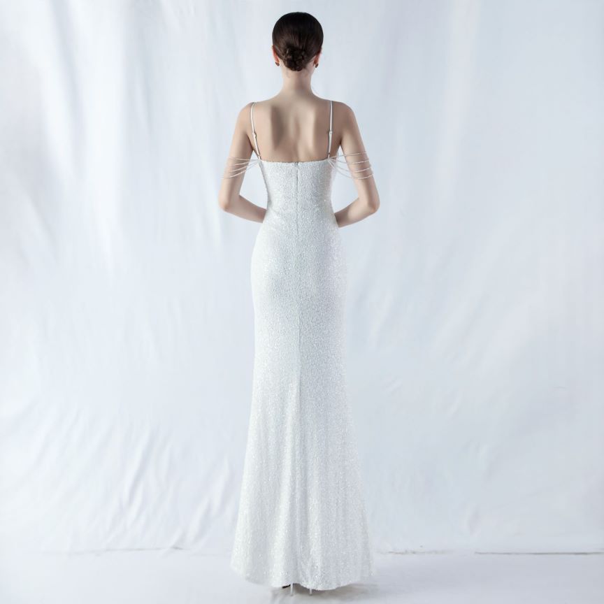 Spaghetti Padded Sequins Slit Gown (White) (Made To Order)