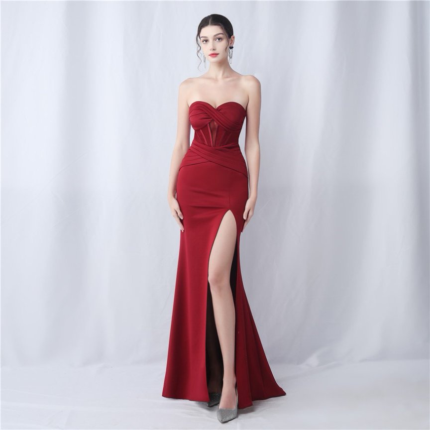 Strapless Solid Sexy Evening Gown (Maroon) (Made To Order)