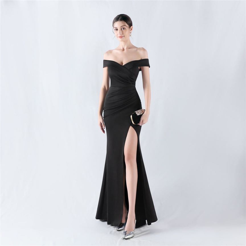 Pleated Off Shoulder Slim Evening Dress (Black) (Made To Order)