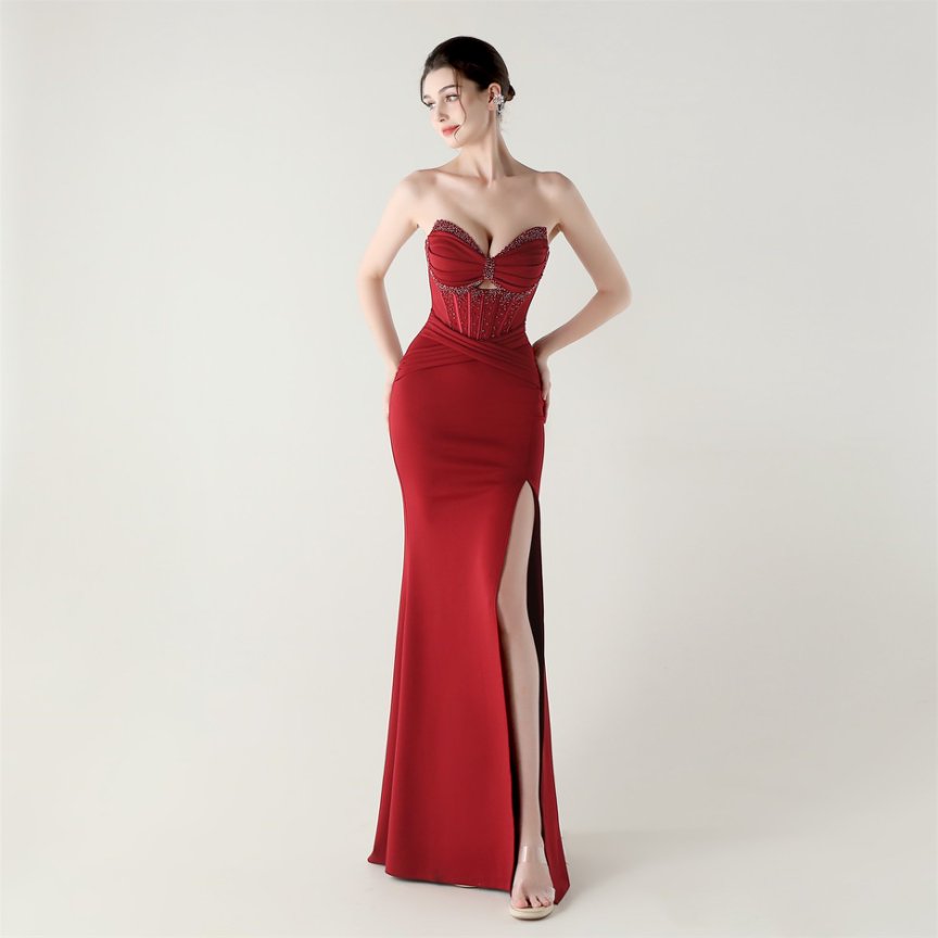 Strapless Rhine Stones Pleated Corset Evening Gown (Maroon) (Made To Order)