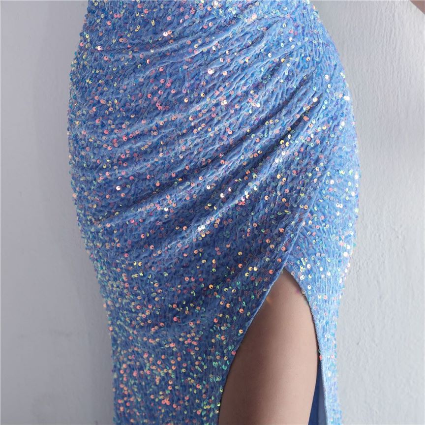 One Side Shoulder Sequins with Overlap Slit Evening Gowns (Sky Blue) (Made To Order)