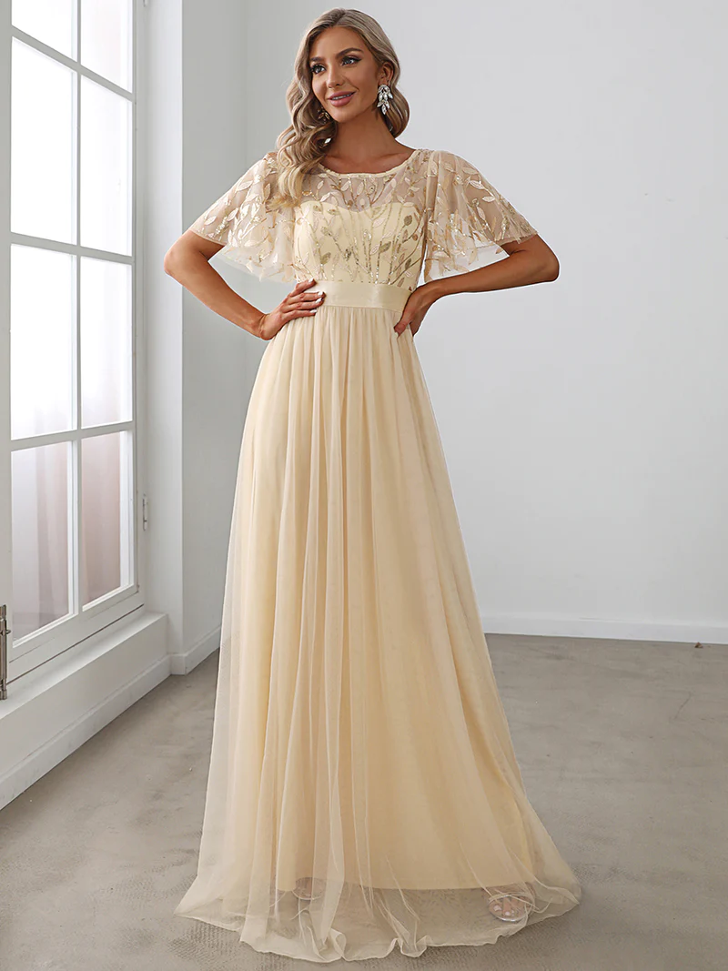 Flare Sleeve with Embroidery Sequin Empire Waist Evening Gown (Gold) (Made To Order)