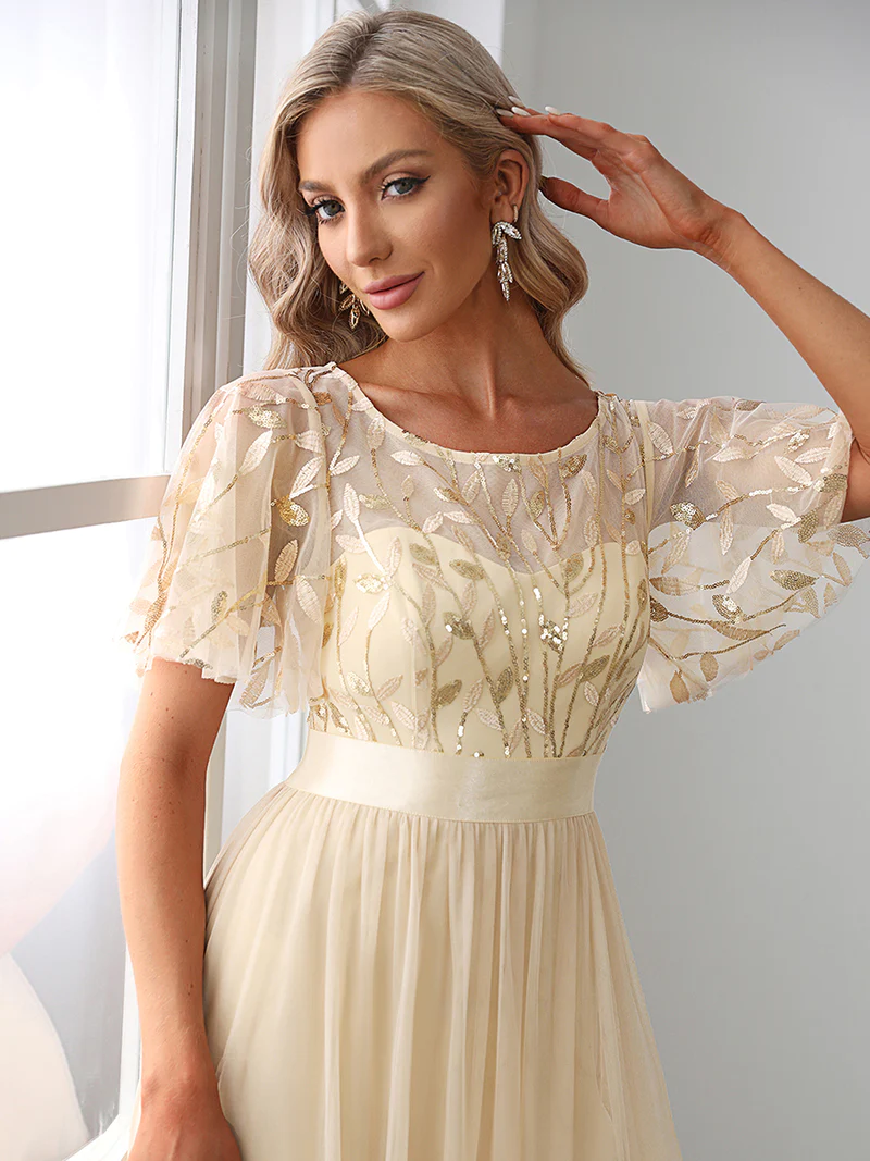 Flare Sleeve with Embroidery Sequin Empire Waist Evening Gown (Gold) (Made To Order)