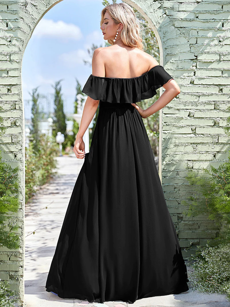 [MTO] Off Shoulder Sleeveless Split Long Evening Dress (Black) (Made To Order)