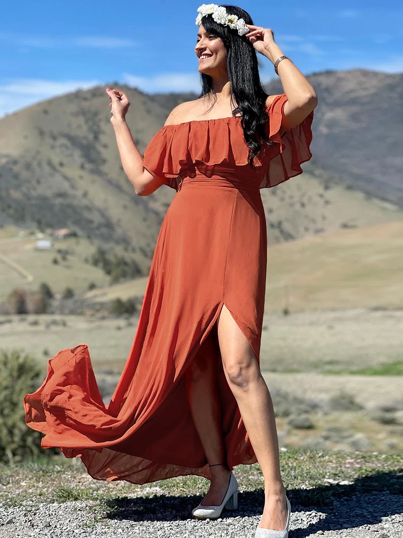 Off Shoulder Sleeveless Split Long Evening Dress (Burnt Orange) (Made To Order)