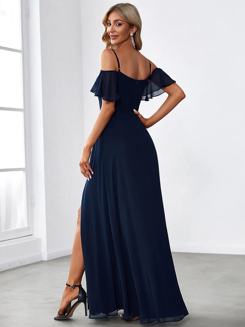 Cold Shoulder A-Line Slit Evening Gown (Navy Blue) (Made To Order)