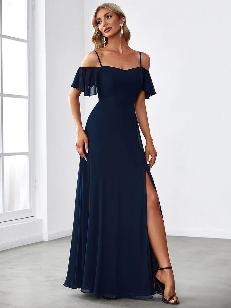 Cold Shoulder A-Line Slit Evening Gown (Navy Blue) (Made To Order)