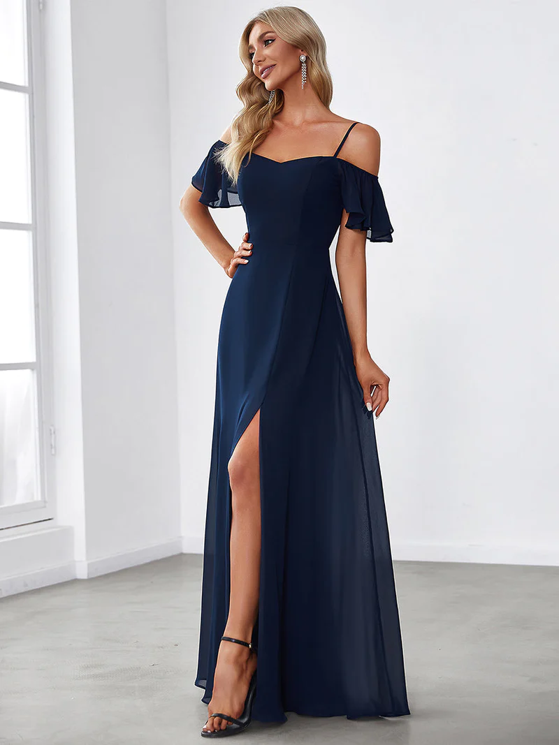 Cold Shoulder A-Line Slit Evening Gown (Navy Blue) (Made To Order)