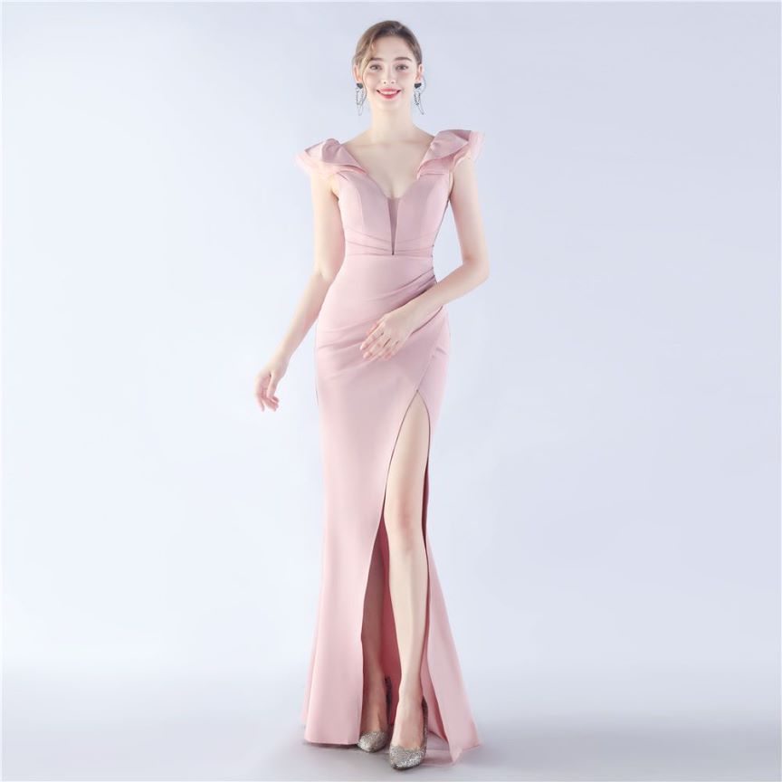 Ruffles Shoulder With Low Back Fitted Evening Gown (Dusty Pink) (Retail)