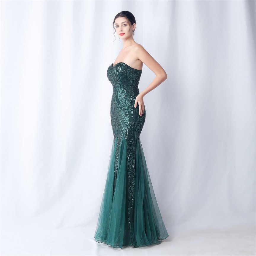 Strapless Sequins Frills Evening Gown (Green) (Made To Order)
