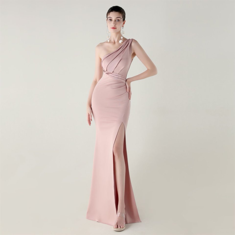 One Side Shoulder Pleated Evening Gown (Pink) (Made To Order)