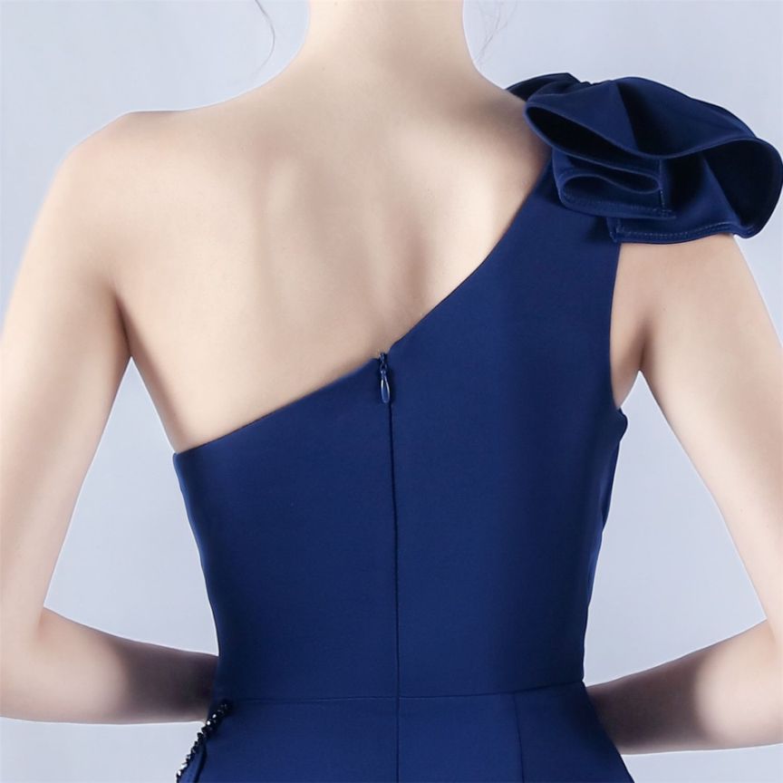 Gorgeous One Side Shoulder Evening Gown (Navy Blue) (Made To Order)