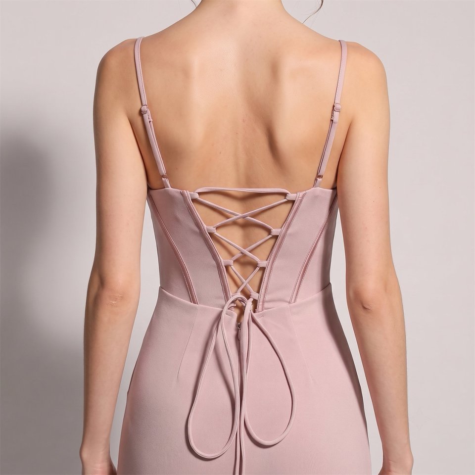 Spaghetti Ruched Corset Slit Evening Gown (Pink) (Made To Order)