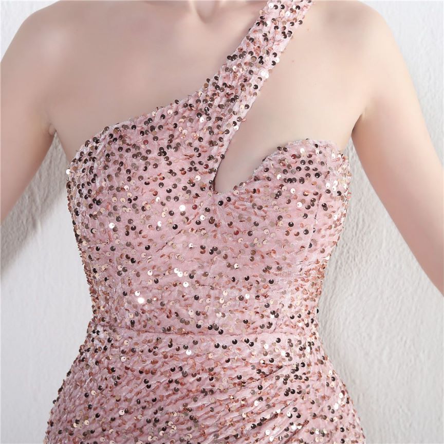 One Side Shoulder Sequins with Overlap Slit Evening Gowns (Pink) (Made To Order)
