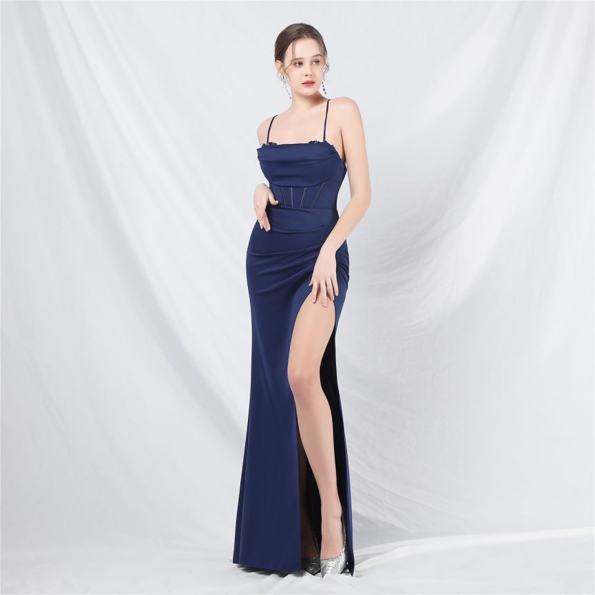 Spaghetti Back Cross Overlap Slit (Made To Order) (Navy Blue)