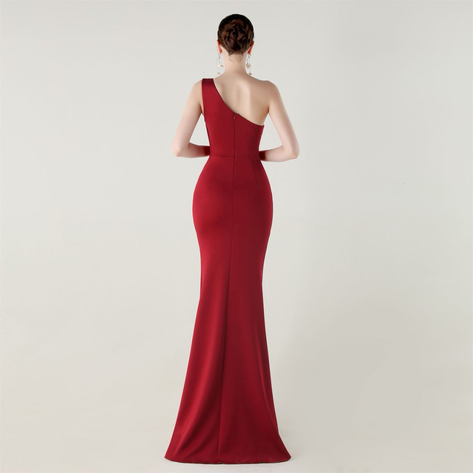 One Side Shoulder Pleated Evening Gown (Maroon) (Made To Order)