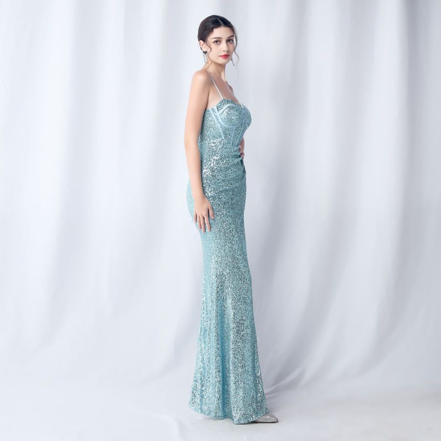 Glamorous Spaghetti Sequins Evening Gown (Baby Blue) (Made To Order)