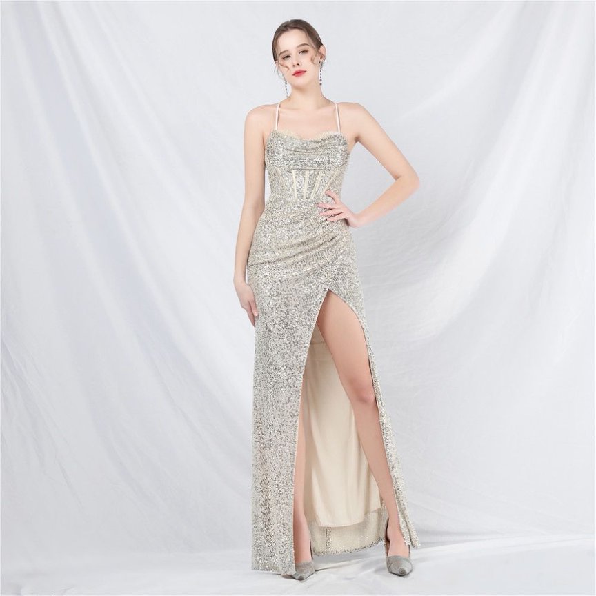 Sequins Back Cross with Overlap Slit Evening Gown (Silver) (Made To Order)