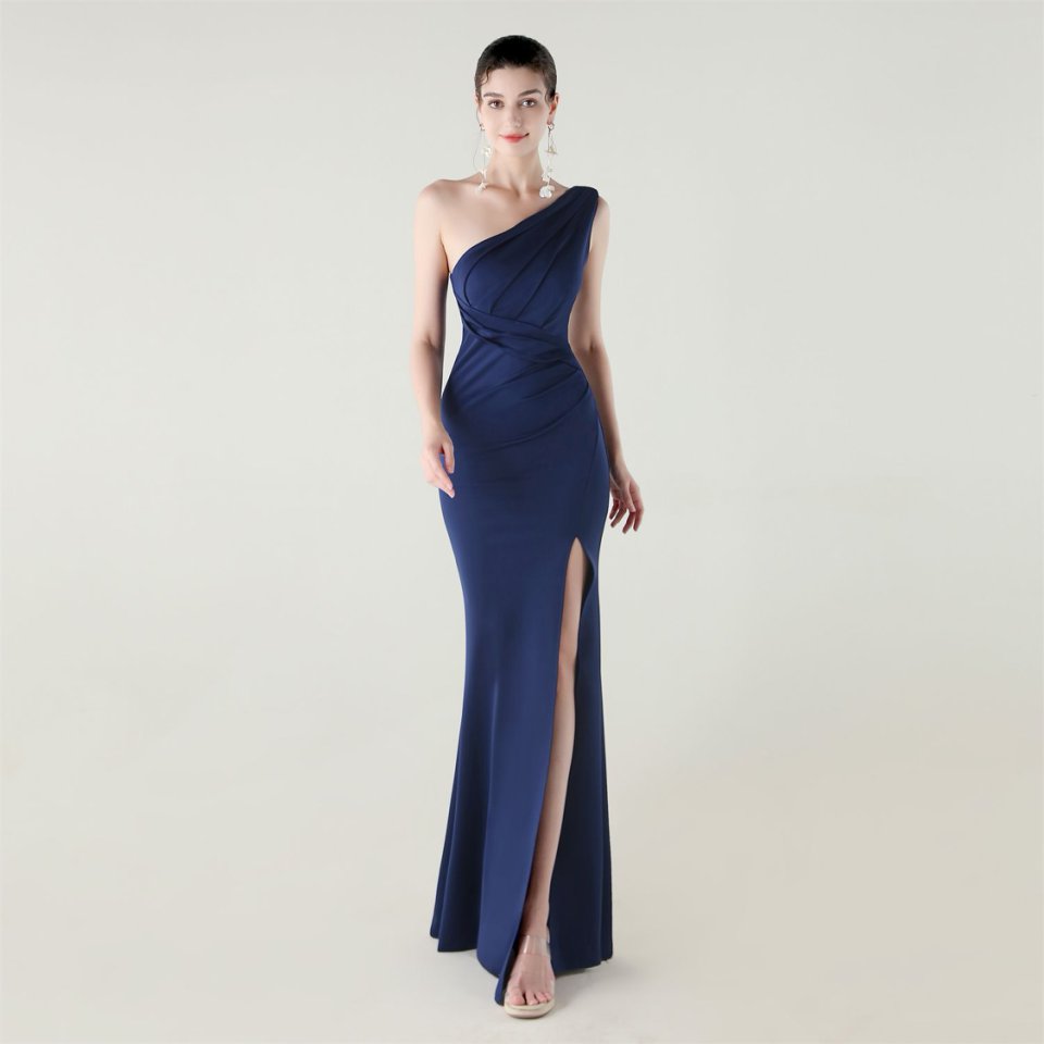 One Side Shoulder Pleated Evening Gown (Navy Blue) (Made To Order)