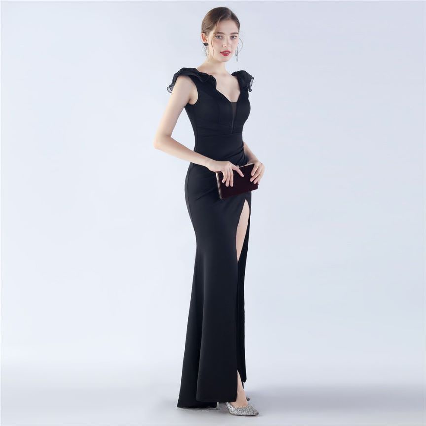 Ruffles Shoulder With Low Back Fitted Evening Gown (Black) (Made To Order)