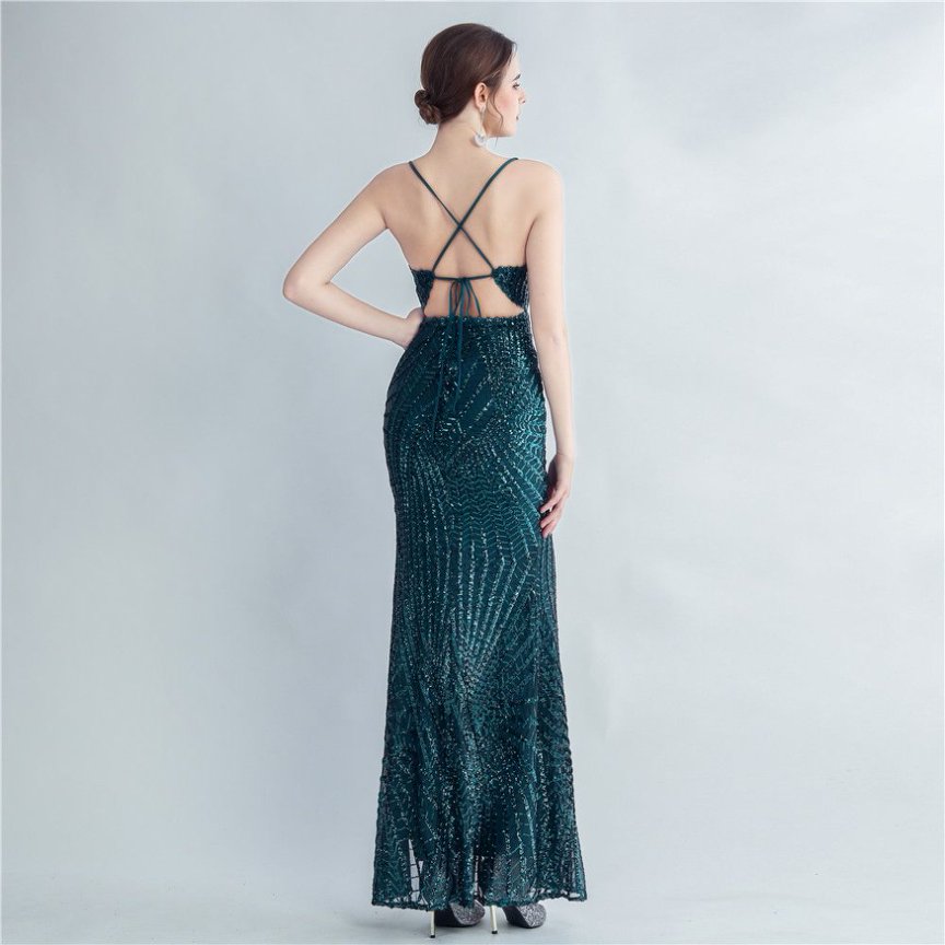 Spaghetti Back Tie Sequins Long Evening Gown (Green) (Made To Order)