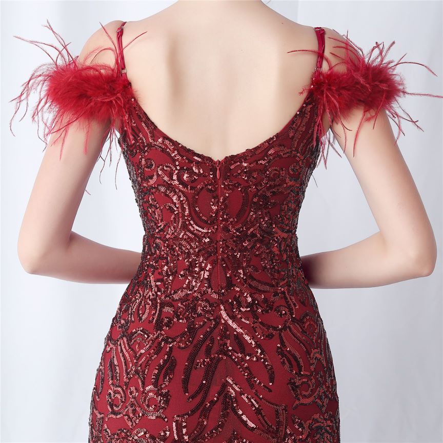 Cold Shoulder Feather Sequins Evening Gown (Burgundy) (Made To Order)