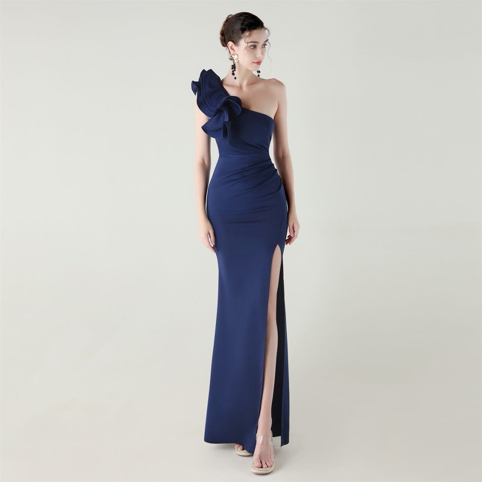 Gorgeous One Side Shoulder Fitting Evening Gown (Navy Blue) (Made To Order)
