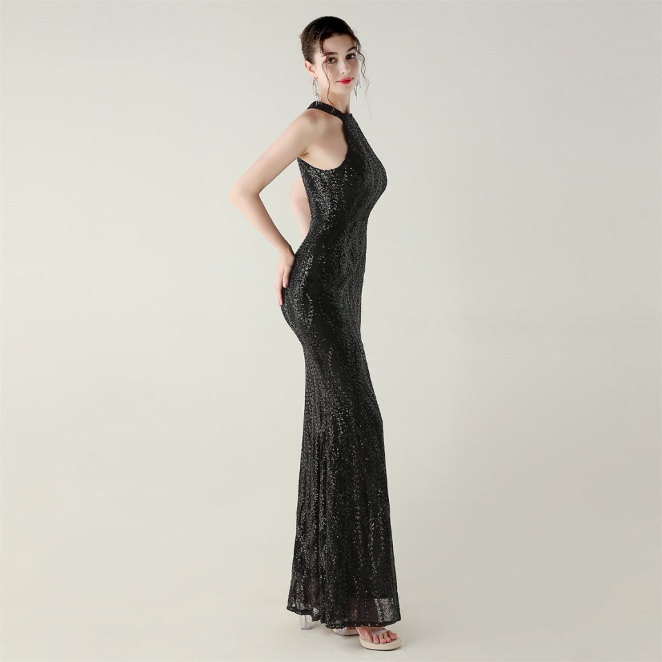 Halter Neck Sequins Backless Fitted Evening Gown (Black) (Made To Order)