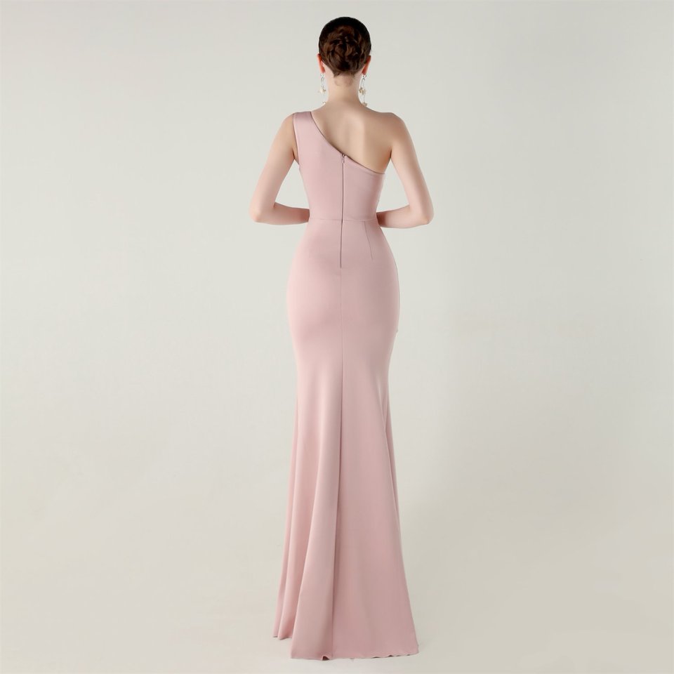One Side Shoulder Pleated Evening Gown (Pink) (Made To Order)