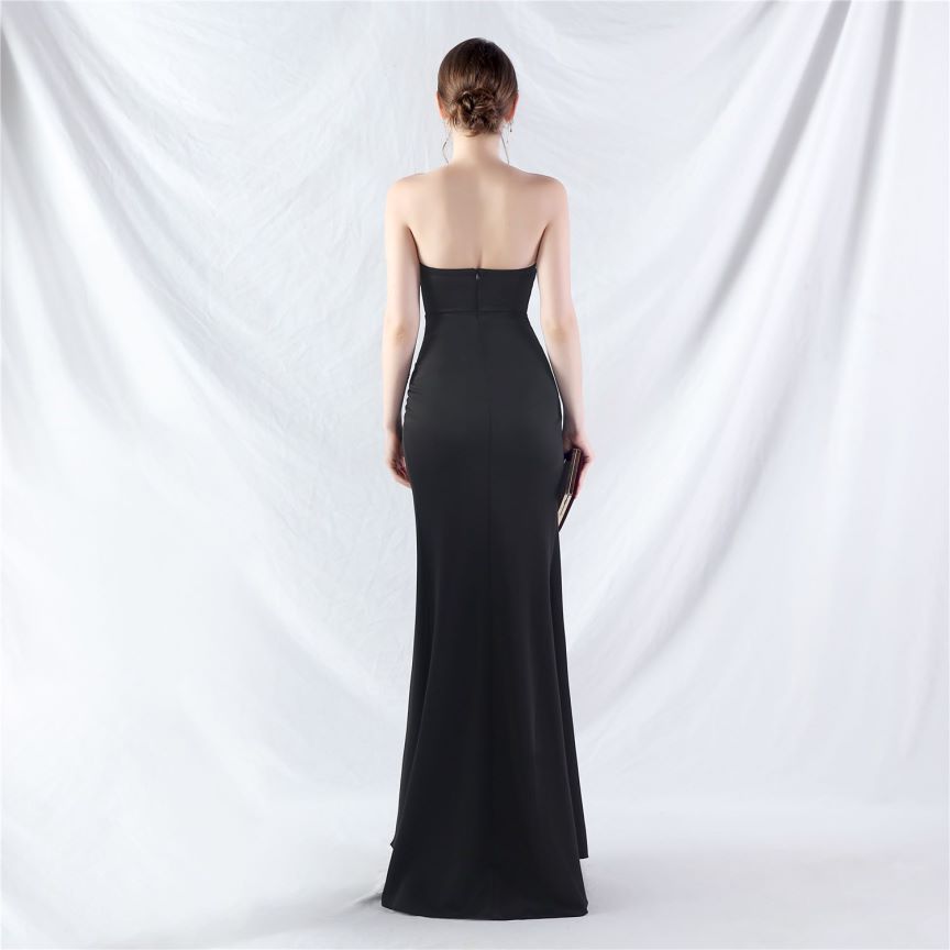 Strapless Corset Overlap Slit Evening Gown (Black) (Made To Order)