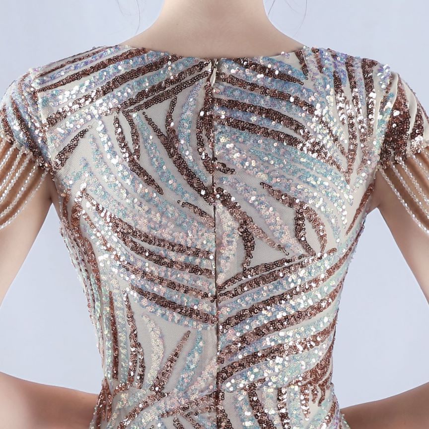 Sleeve Beads Sequins with A Line Evening Gown (Gold) (Made To Order)