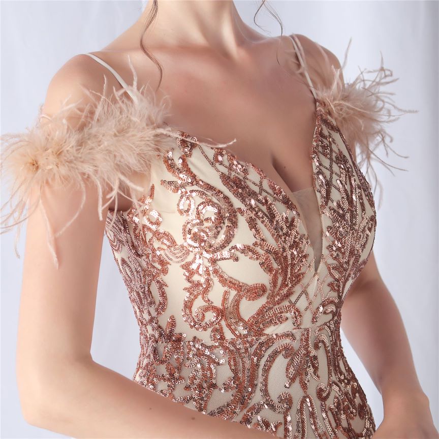 Cold Shoulder Feather Sequins Evening Gown (Rose Gold) (Made To Order)