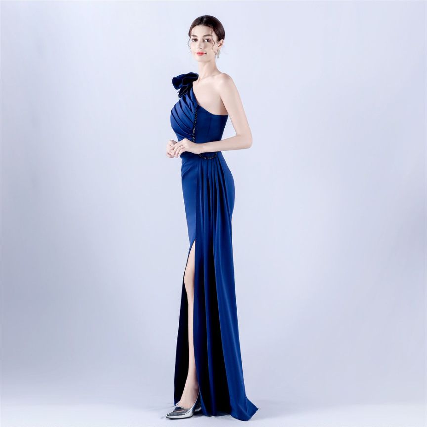 Gorgeous One Side Shoulder Evening Gown (Navy Blue) (Made To Order)