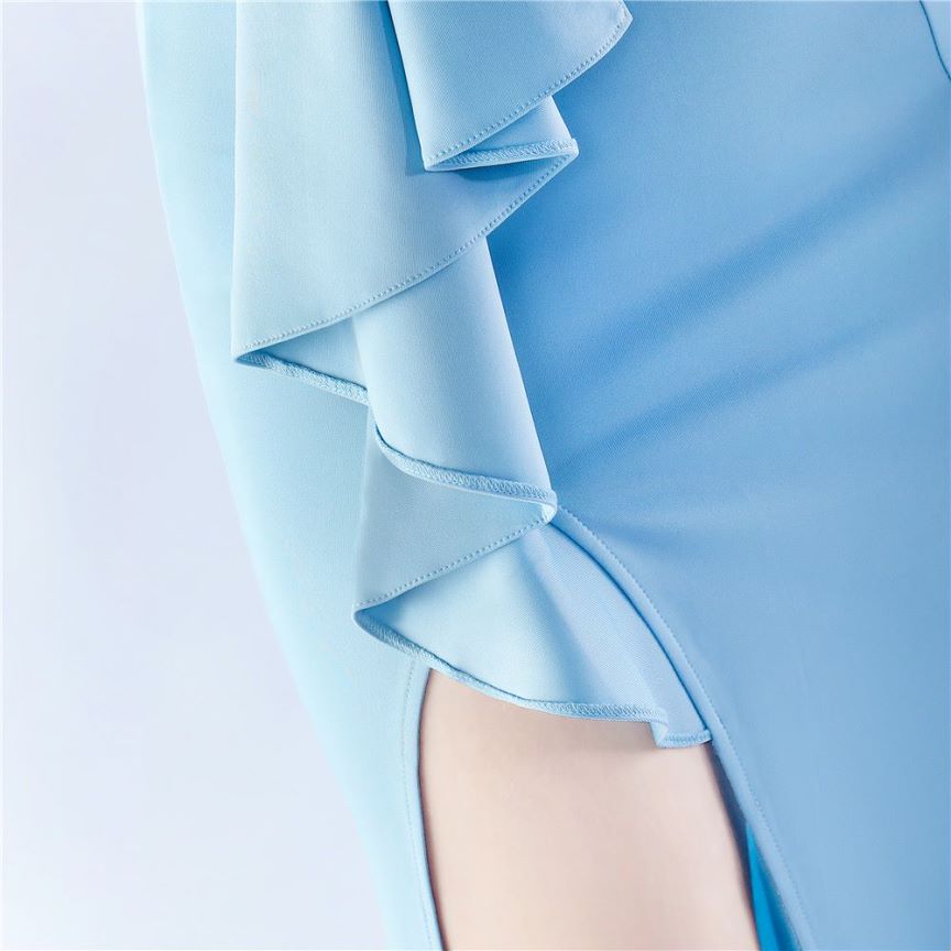 Off Shoulder Ruffles With Split Slit Evening Gown (Baby Blue) (Made To Order)