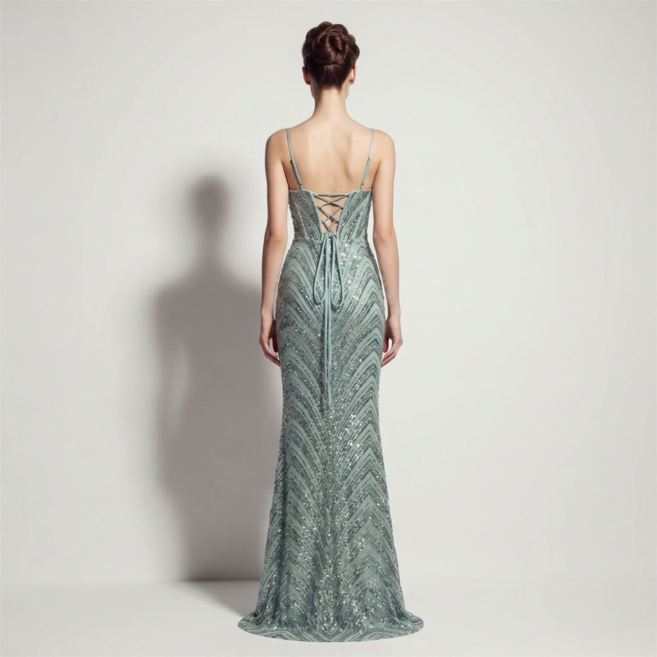 Deep V-Neck Sequin Evening Dress (Lake) (Made To Order)