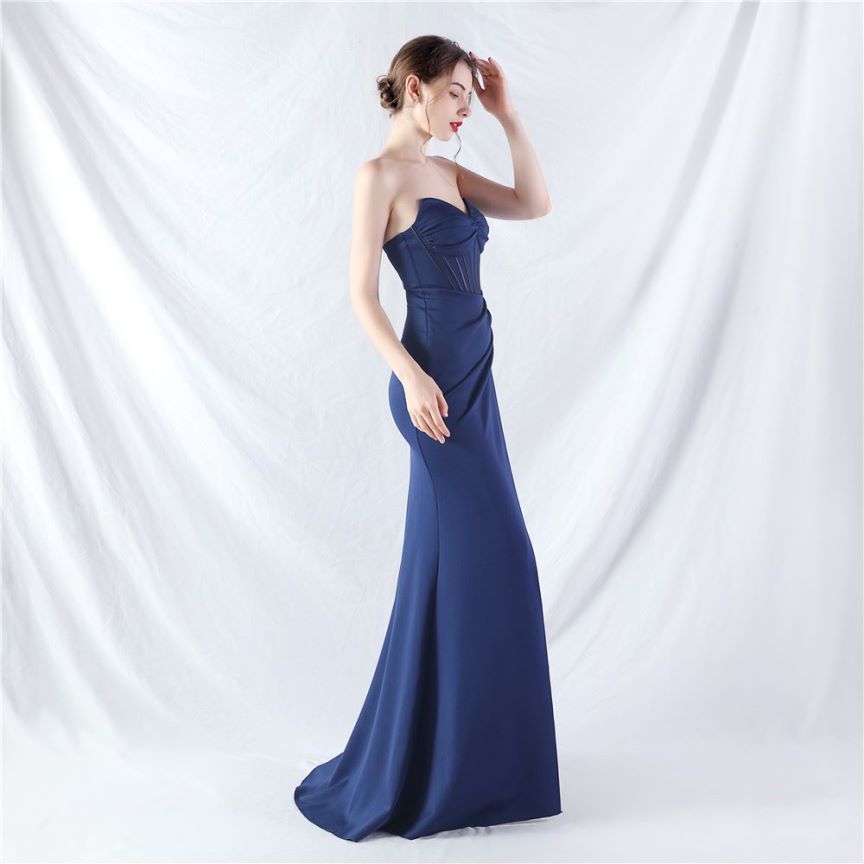 Strapless Corset Overlap Slit Evening Gown (Navy Blue) (Made To Order)