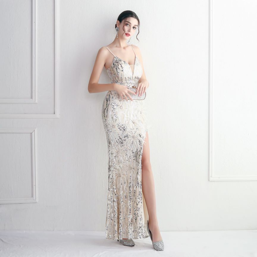 Spaghetti With Flower Feather Slit Sequins Gown (Silver) (Made To Order)