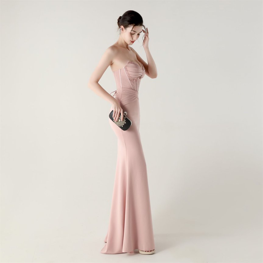 Strapless Rhine Stones Pleated Corset Evening Gown (Pink) (Made To Order)